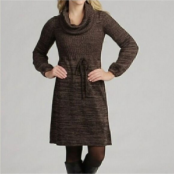 ❄️Calvin Klein Brown Cowl Neck TurtleNeck Fit & Flare Knit Sweater Dress Size S - Picture 1 of 10